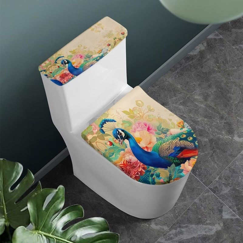 Flashideas Peacock Toilet Lid Covers and Tank Cover Set 2Pcs Toilet Seat Cover and Tank Lid Covers Toilet Lid Cover Set for Bathroom Decor Machine Washable - Image 1